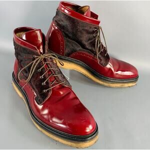 ETRO Size 10 Red Paisley Pony Hair Leather Crepe Sole Ankle Boots